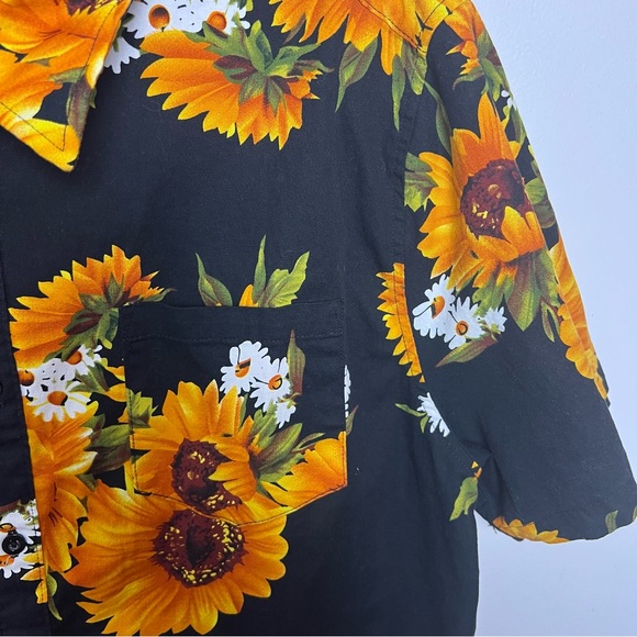Sunflower Print Men's Large Collared Button Down Shirt Big Bold Loud Fun Black - Picture 3 of 5